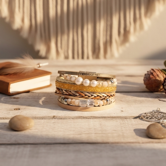 🆕Boho Chic Layered Vegan Leather Magnetic Trendy Bracelet with Faux Pearls - Picture 13 of 17